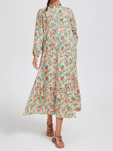 Fall Floral Long Sleeve Maxi Dress for Women Crew Neck Button Down Loose Flowy Boho Dresses 2025 in Kuwait
