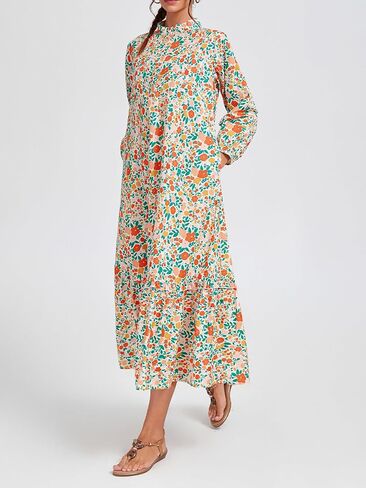 Fall Floral Long Sleeve Maxi Dress for Women Crew Neck Button Down Loose Flowy Boho Dresses 2025 in Kuwait