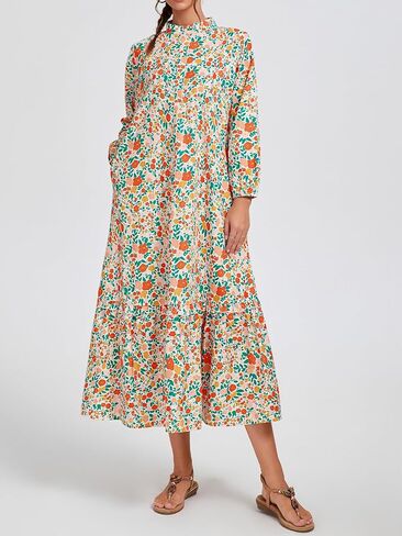 Fall Floral Long Sleeve Maxi Dress for Women Crew Neck Button Down Loose Flowy Boho Dresses 2025 in Kuwait