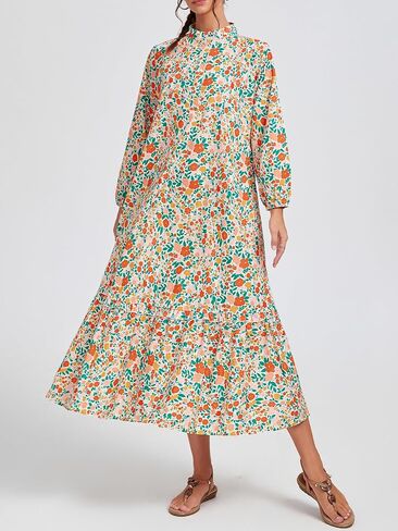 Fall Floral Long Sleeve Maxi Dress for Women Crew Neck Button Down Loose Flowy Boho Dresses 2025 in Kuwait