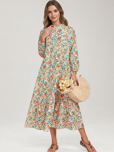 Fall Floral Long Sleeve Maxi Dress for Women Crew Neck Button Down Loose Flowy Boho Dresses 2025 in Kuwait