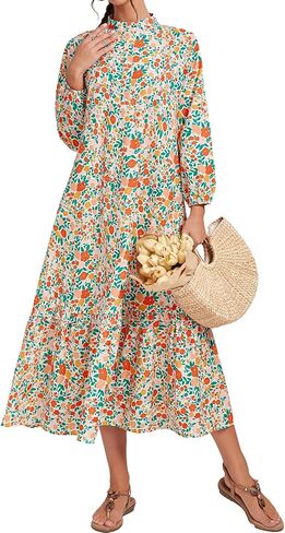 Fall Floral Long Sleeve Maxi Dress for Women Crew Neck Button Down Loose Flowy Boho Dresses 2025 in Kuwait