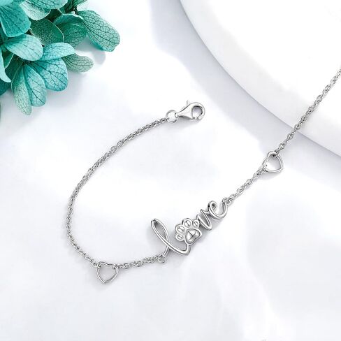 Paw Print Bracelet 925 Sterling Silver Cute Paw Print Forever Love Heart Bracelet Dog Cat Paw Jewelry for Women Pet Lover in Kuwait