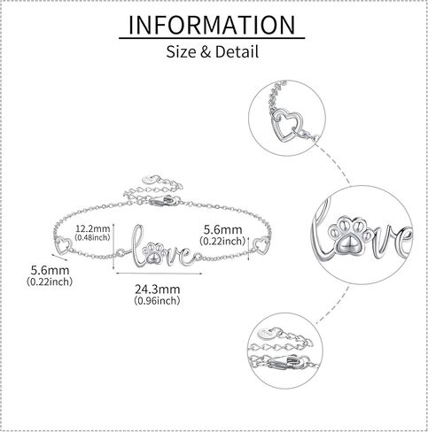 Paw Print Bracelet 925 Sterling Silver Cute Paw Print Forever Love Heart Bracelet Dog Cat Paw Jewelry for Women Pet Lover in Kuwait