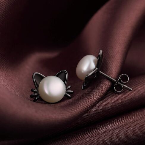Jiamiaoi القط أقراط اللؤلؤ 925 الفضة الاسترليني أقراط لؤلؤ المياه العذبة 7.5MM-8MM in Kuwait