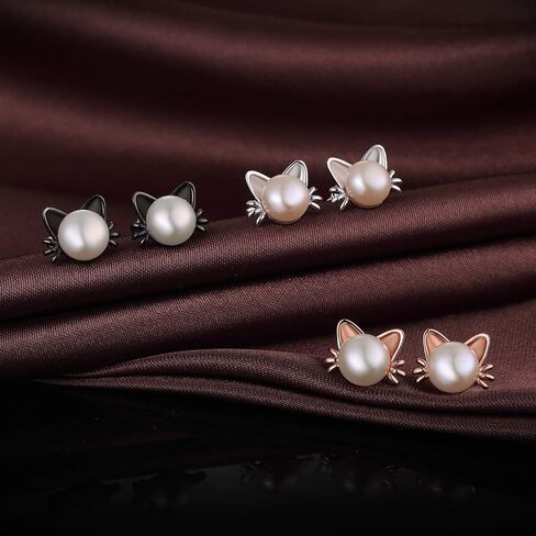 Jiamiaoi القط أقراط اللؤلؤ 925 الفضة الاسترليني أقراط لؤلؤ المياه العذبة 7.5MM-8MM in Kuwait