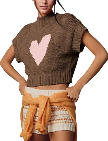 Womens Sweater Vest Mock Neck Cap Sleeve Sweater Tank Tops Cute Heart Knit Cropped Pullover Top in Saudi Arabia