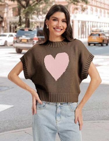 Womens Sweater Vest Mock Neck Cap Sleeve Sweater Tank Tops Cute Heart Knit Cropped Pullover Top in Saudi Arabia
