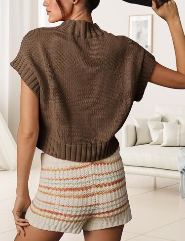 Womens Sweater Vest Mock Neck Cap Sleeve Sweater Tank Tops Cute Heart Knit Cropped Pullover Top in Saudi Arabia