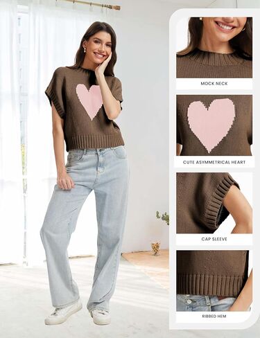 Womens Sweater Vest Mock Neck Cap Sleeve Sweater Tank Tops Cute Heart Knit Cropped Pullover Top in Saudi Arabia