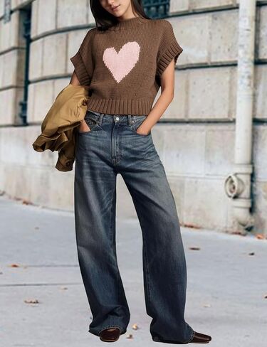 Womens Sweater Vest Mock Neck Cap Sleeve Sweater Tank Tops Cute Heart Knit Cropped Pullover Top in Saudi Arabia