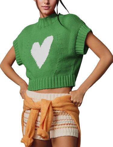 Womens Sweater Vest Mock Neck Cap Sleeve Sweater Tank Tops Cute Heart Knit Cropped Pullover Top in Saudi Arabia