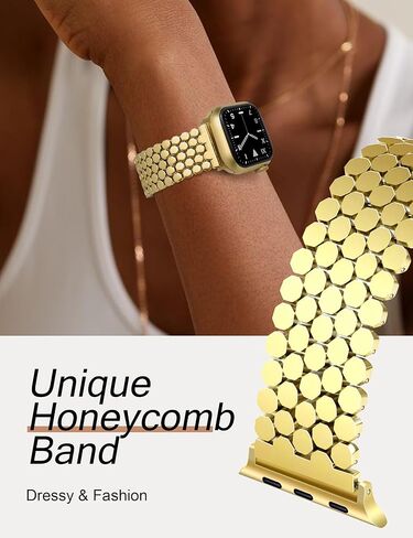 أحزمة JR.DM على شكل قرص العسل متوافقة مع ساعة Apple 38 مم 40 مم 41 مم 42 مم 44 مم 45 مم 46 مم للنساء، بديل حزام معدني فاخر من الذهب والفضة لسلسلة iWatch 10/9/8/7/SE/6/5/4/3/2/ 1 in Kuwait