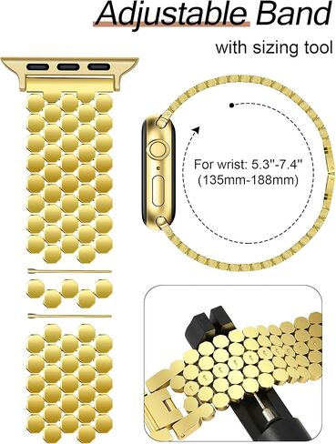 أحزمة JR.DM على شكل قرص العسل متوافقة مع ساعة Apple 38 مم 40 مم 41 مم 42 مم 44 مم 45 مم 46 مم للنساء، بديل حزام معدني فاخر من الذهب والفضة لسلسلة iWatch 10/9/8/7/SE/6/5/4/3/2/ 1 in Kuwait