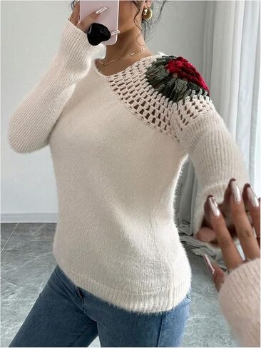 سترة نسائية من OYOANGLE غير متماثلة ثلاثية الأبعاد مطرزة بالزهور وأكمام طويلة للخريف سترة محبوكة مكتنزة in Saudi Arabia