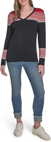 Tommy Hilfiger Women's Long Sleeve V-Neck Fairisle Pullover Sweater in Saudi Arabia