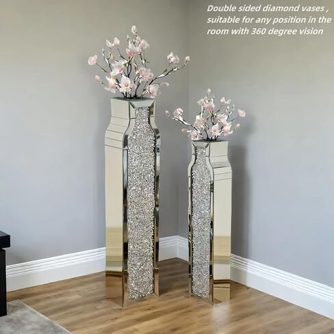 30" Tall Floor Vase, Double Sided Crushed Diamond Mirrored Vases,Large Flower Vase for Home Decor, Mirror Glass Decorative for Living Room,Office,Centerpiece (Crushed Diamond:4.7''L X 6.8''W X 30''H) in Saudi Arabia
