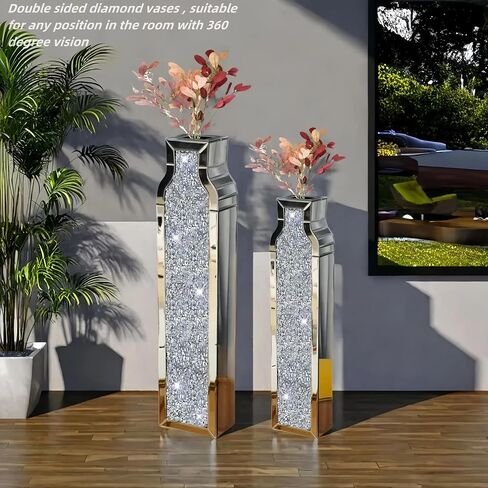 30" Tall Floor Vase, Double Sided Crushed Diamond Mirrored Vases,Large Flower Vase for Home Decor, Mirror Glass Decorative for Living Room,Office,Centerpiece (Crushed Diamond:4.7''L X 6.8''W X 30''H) in Saudi Arabia