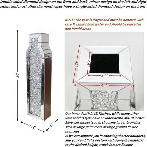 30" Tall Floor Vase, Double Sided Crushed Diamond Mirrored Vases,Large Flower Vase for Home Decor, Mirror Glass Decorative for Living Room,Office,Centerpiece (Crushed Diamond:4.7''L X 6.8''W X 30''H) in Saudi Arabia