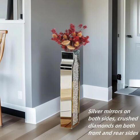 30" Tall Floor Vase, Double Sided Crushed Diamond Mirrored Vases,Large Flower Vase for Home Decor, Mirror Glass Decorative for Living Room,Office,Centerpiece (Crushed Diamond:4.7''L X 6.8''W X 30''H) in Saudi Arabia