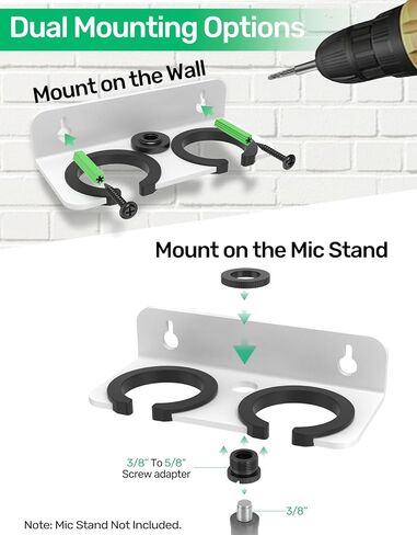 Multi Microphone Holder for Handheld Dynamic, Wired and Wireless Mics,Double Microphone Stand,Rubber Padding/Wall Mounted or Mounted to 5/8"-27 or 3/8"-16 threaded Stands in Kuwait