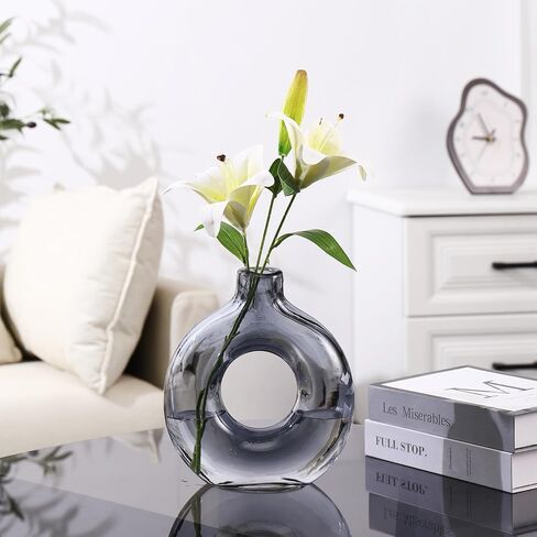 Glass Donut Vase, Clear Donut Vase, Round Glass Vases for Flowers, Modern Vases for Home, Living Room, Dining Table, Entryway, Mantle, Shelf, Wedding, Office, Coffee Table in Saudi Arabia