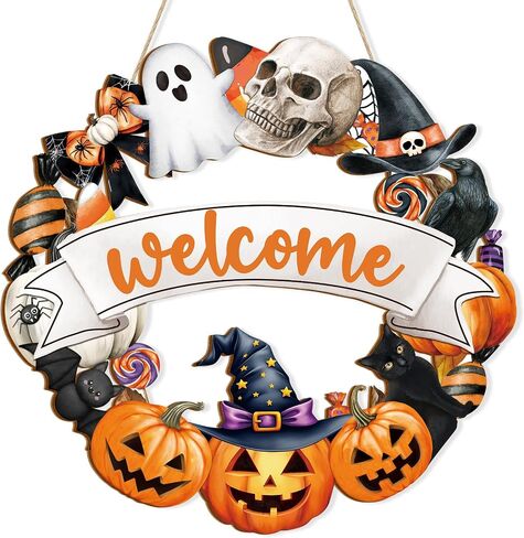 Halloween Decoration Wooden Ghost Door Wreath for Front Door Sign Wall Signs, Pumpkin Bat Black Cat Happy Halloween Sign Hanging for Home Wall Decor Party Outdoor Indoor Supply in Saudi Arabia