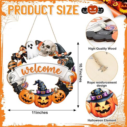 Halloween Decoration Wooden Ghost Door Wreath for Front Door Sign Wall Signs, Pumpkin Bat Black Cat Happy Halloween Sign Hanging for Home Wall Decor Party Outdoor Indoor Supply in Saudi Arabia