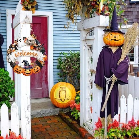 Halloween Decoration Wooden Ghost Door Wreath for Front Door Sign Wall Signs, Pumpkin Bat Black Cat Happy Halloween Sign Hanging for Home Wall Decor Party Outdoor Indoor Supply in Saudi Arabia