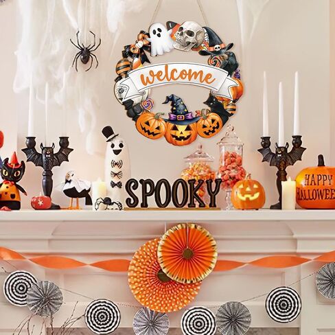 Halloween Decoration Wooden Ghost Door Wreath for Front Door Sign Wall Signs, Pumpkin Bat Black Cat Happy Halloween Sign Hanging for Home Wall Decor Party Outdoor Indoor Supply in Saudi Arabia