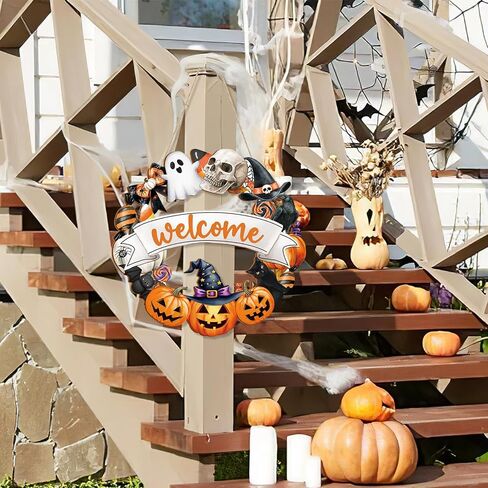 Halloween Decoration Wooden Ghost Door Wreath for Front Door Sign Wall Signs, Pumpkin Bat Black Cat Happy Halloween Sign Hanging for Home Wall Decor Party Outdoor Indoor Supply in Saudi Arabia