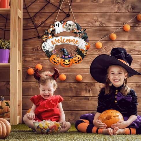 Halloween Decoration Wooden Ghost Door Wreath for Front Door Sign Wall Signs, Pumpkin Bat Black Cat Happy Halloween Sign Hanging for Home Wall Decor Party Outdoor Indoor Supply in Saudi Arabia