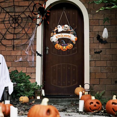 Halloween Decoration Wooden Ghost Door Wreath for Front Door Sign Wall Signs, Pumpkin Bat Black Cat Happy Halloween Sign Hanging for Home Wall Decor Party Outdoor Indoor Supply in Saudi Arabia