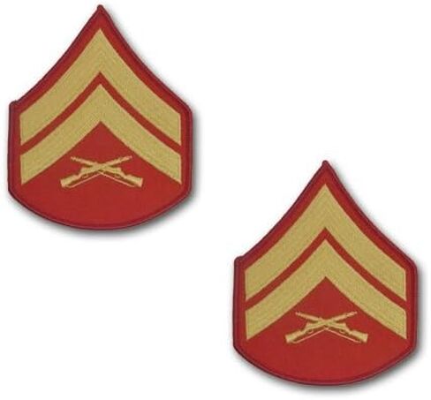 Marine Corps Chevron: Corporal - gold embroidered on red, male in Saudi Arabia