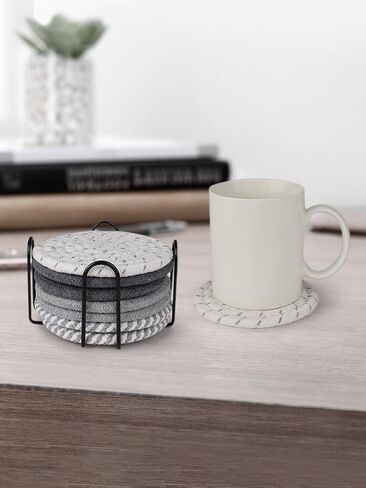 8 Pcs Drink Coasters with Holder, Minimalist Cotton Woven 4 Colors Absorbent Coaster Set for Home Decor Tabletop Protection Suitable for Kinds of Cups, 4.3 Inches，Grey Series in Saudi Arabia