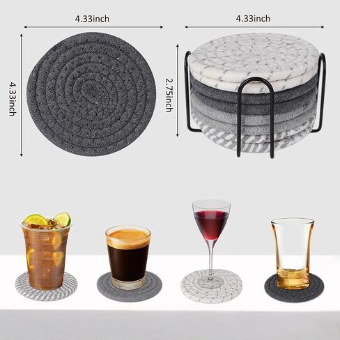 8 Pcs Drink Coasters with Holder, Minimalist Cotton Woven 4 Colors Absorbent Coaster Set for Home Decor Tabletop Protection Suitable for Kinds of Cups, 4.3 Inches，Grey Series in Saudi Arabia