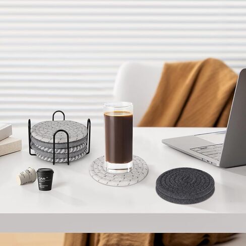 8 Pcs Drink Coasters with Holder, Minimalist Cotton Woven 4 Colors Absorbent Coaster Set for Home Decor Tabletop Protection Suitable for Kinds of Cups, 4.3 Inches，Grey Series in Saudi Arabia