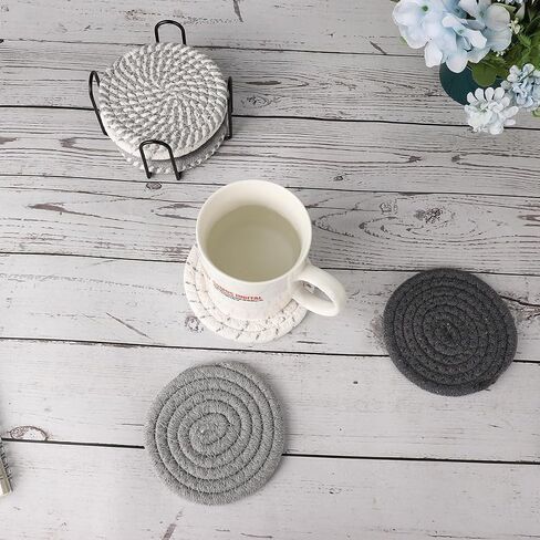 8 Pcs Drink Coasters with Holder, Minimalist Cotton Woven 4 Colors Absorbent Coaster Set for Home Decor Tabletop Protection Suitable for Kinds of Cups, 4.3 Inches，Grey Series in Saudi Arabia