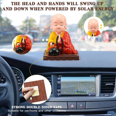 VICASKY Solar Buddha Statue Outdoor Cute Kongfu Monk Car Interior Display Decoration Cute Little Monks Monks Figurine Statue Funny Car Shaking Head Chinese Little Buddha Monk Statue in Kuwait