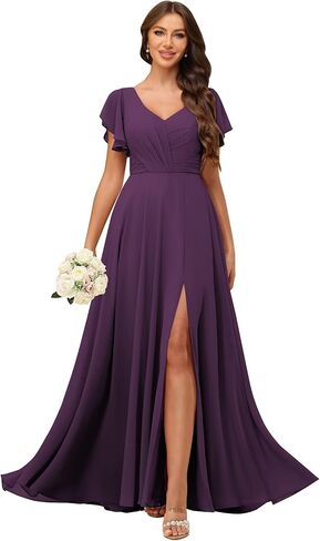 كشكش الأكمام الشيفون فساتين وصيفة الشرف طويلة الخامس الرقبة مطوي فساتين الحفلات الرسمية مع الشق in Kuwait