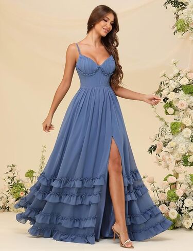 V Neck Bridesmaid Dresses for Wedding Spaghetti Straps Formal Dresses for Women Split Evening Dresses Long in Saudi Arabia