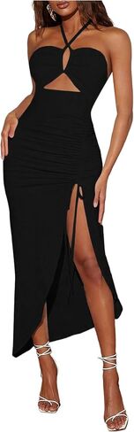 Soly Hux Women's Cut Out Ruched Halter Dress عالي انقسام الرباط فساتين العطلات Maxi Maxi in Kuwait