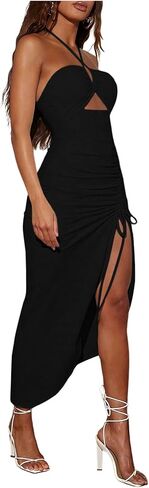 Soly Hux Women's Cut Out Ruched Halter Dress عالي انقسام الرباط فساتين العطلات Maxi Maxi in Kuwait