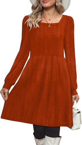 OFEEFAN Womens Knit Sweater Dress with Pockets Square Neck Long Sleeve Dresses in Kuwait