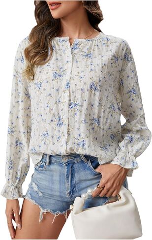 OYOANGLE Women's Floral Flare Long Sleeve Button Down Shirts Crew Neck Ruffle Drop Shoulder Blouses in Saudi Arabia