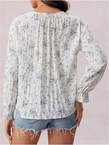OYOANGLE Women's Floral Flare Long Sleeve Button Down Shirts Crew Neck Ruffle Drop Shoulder Blouses in Saudi Arabia