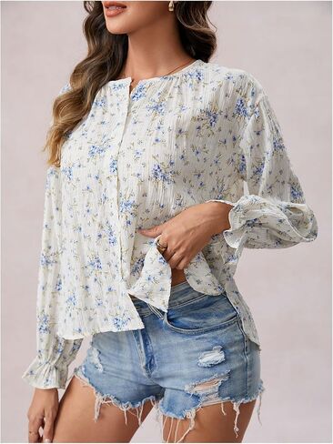 OYOANGLE Women's Floral Flare Long Sleeve Button Down Shirts Crew Neck Ruffle Drop Shoulder Blouses in Saudi Arabia
