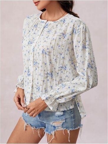 OYOANGLE Women's Floral Flare Long Sleeve Button Down Shirts Crew Neck Ruffle Drop Shoulder Blouses in Saudi Arabia