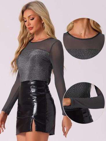 قمصان Allegra K Halloween Party Glitter للنساء ذات لوحة شبكية ورقبة دائرية وأكمام طويلة وسباركلي بقصة ضيقة in Saudi Arabia