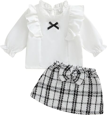 VISGOGO Toddler Girl Skirts Outfit Ribbed Long Sleeve Tops Plaid Tweed Pattern Skirt Beret Baby Fall Winter Clothes in Saudi Arabia